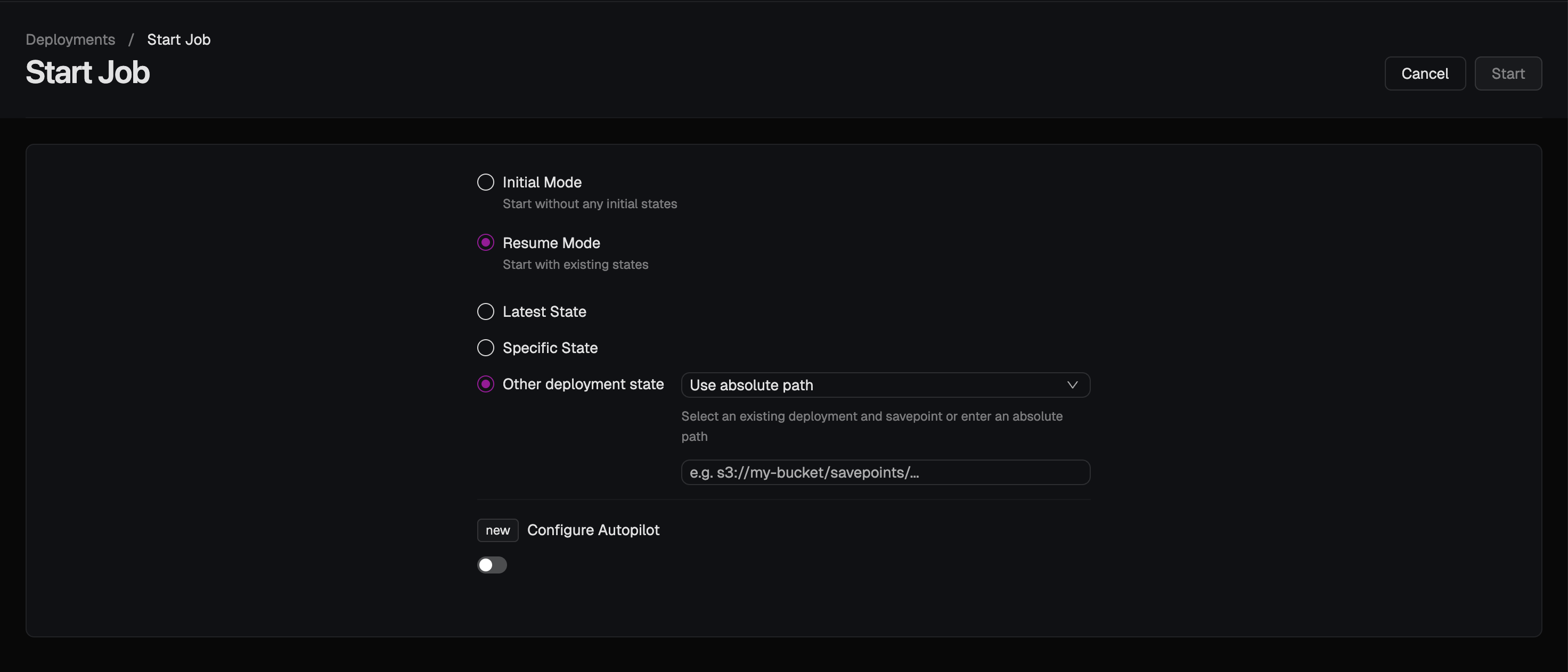 Start Job dialog with Other deployment state and Use absolute path selected, showing the path input field