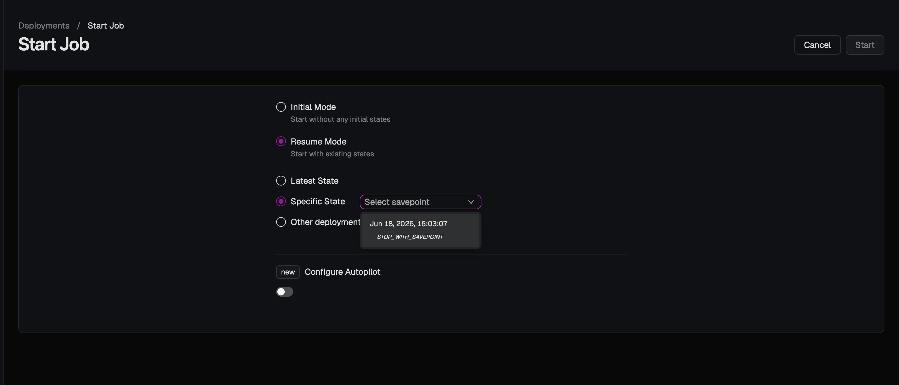 Start Job dialog with Specific State selected, showing a dropdown of deployment-managed savepoints