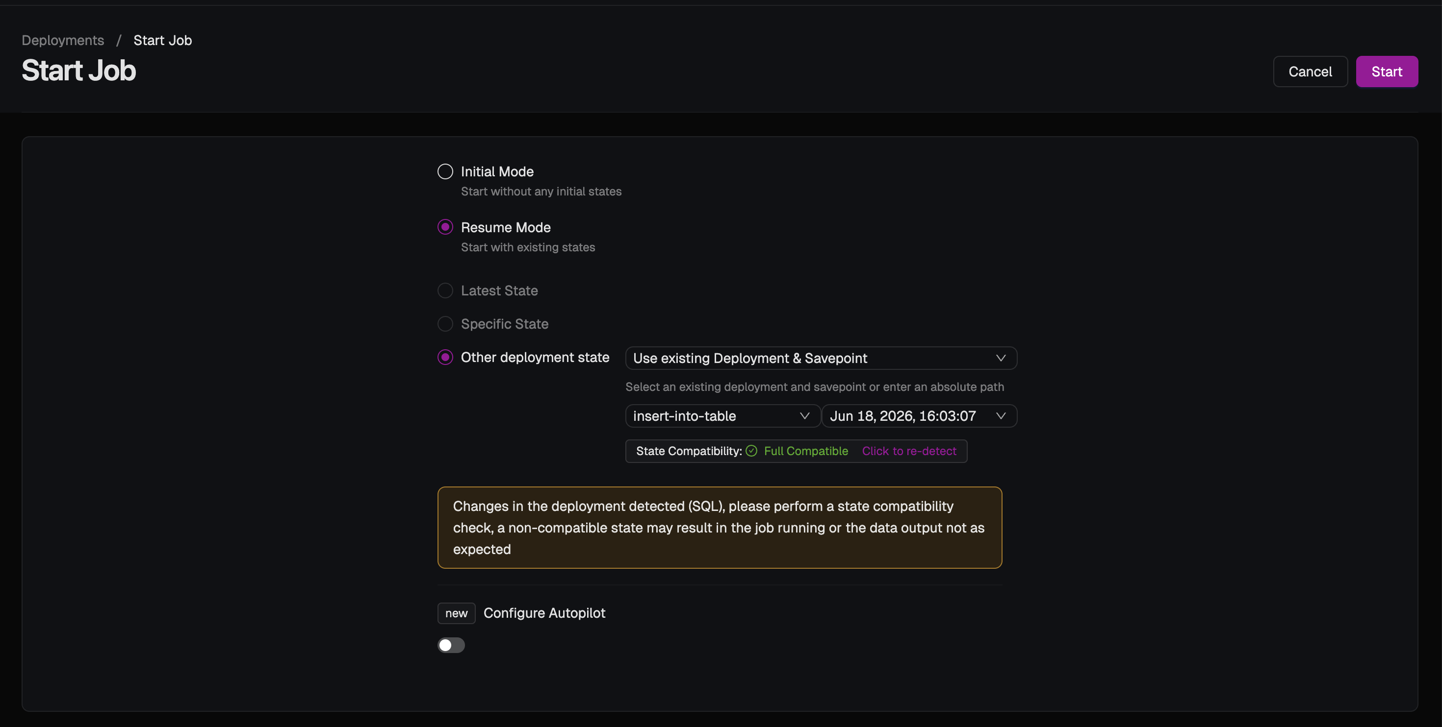 Start Job dialog with Use existing Deployment &amp; Savepoint selected, showing the deployment selector and state compatibility check