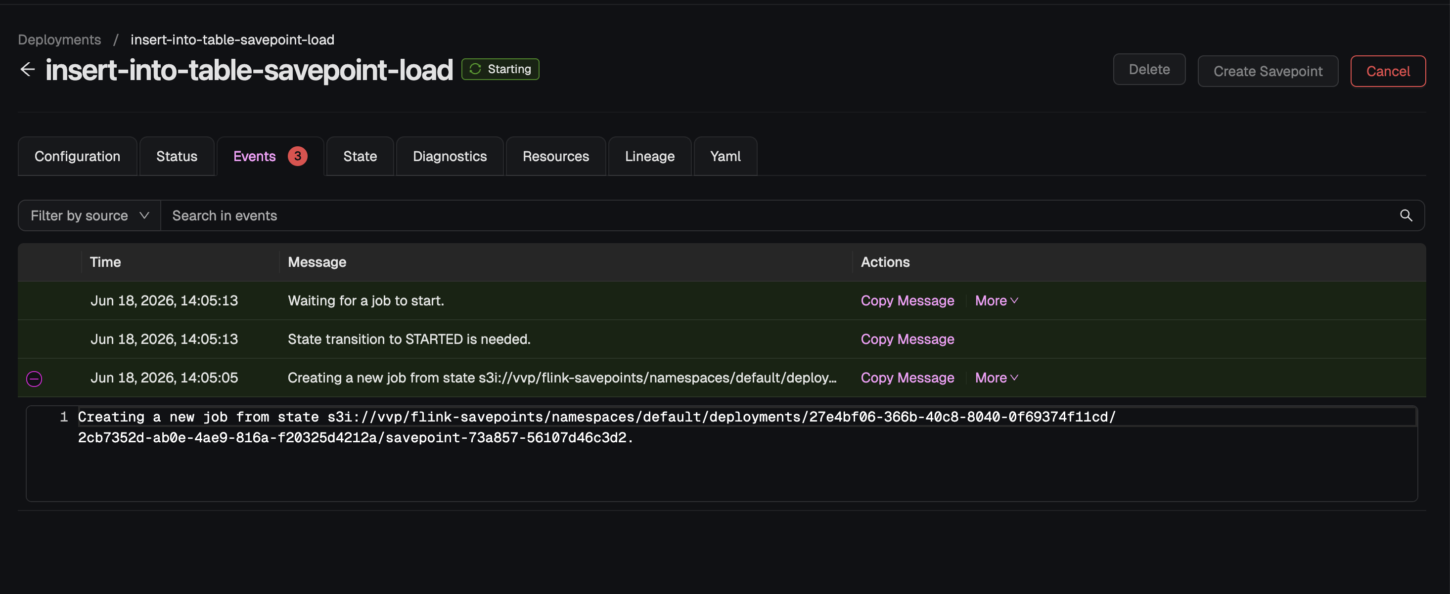 Events tab showing the deployment starting from the custom savepoint path