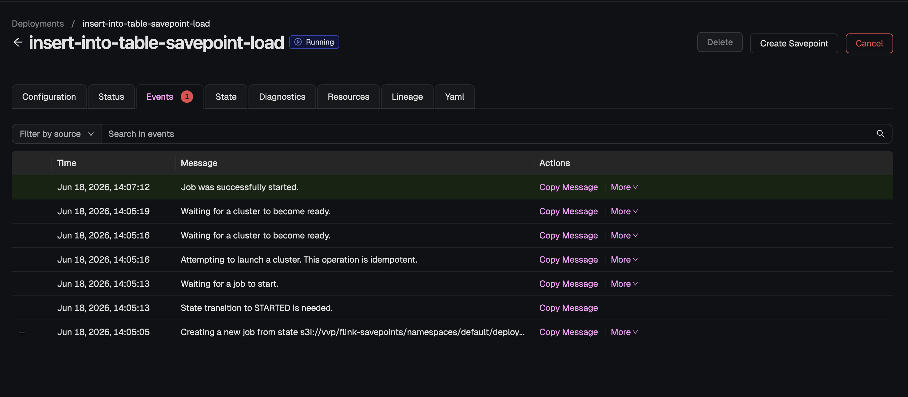 Events tab showing the deployment in RUNNING state after successful restore