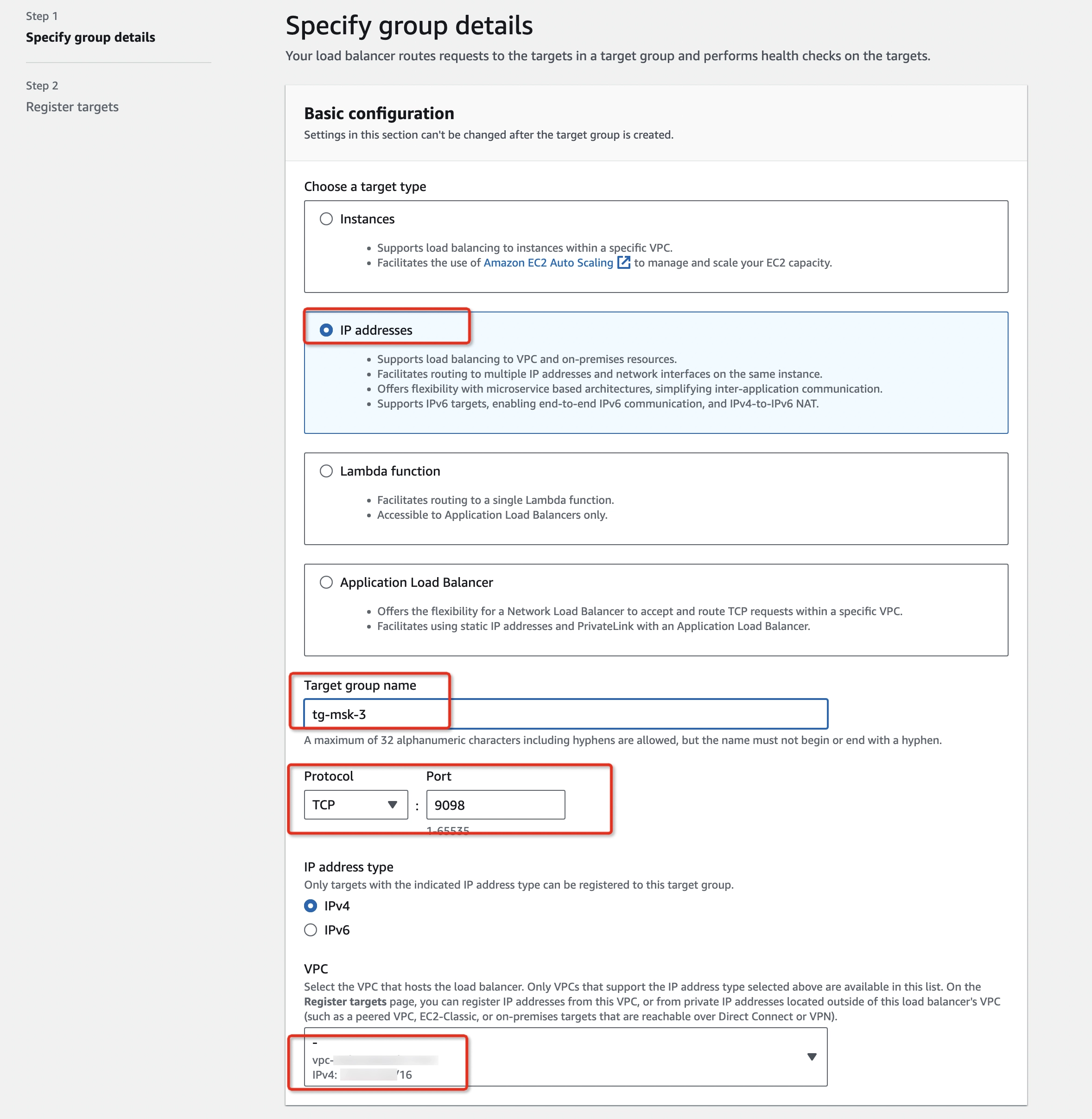 Create target group step 1