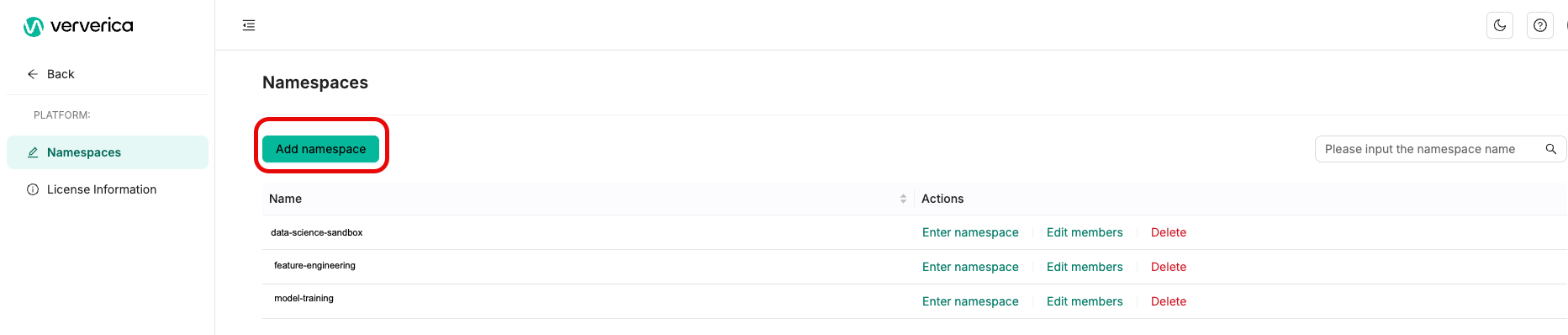 screenshot of namespace page with add namespace button highlighted in red