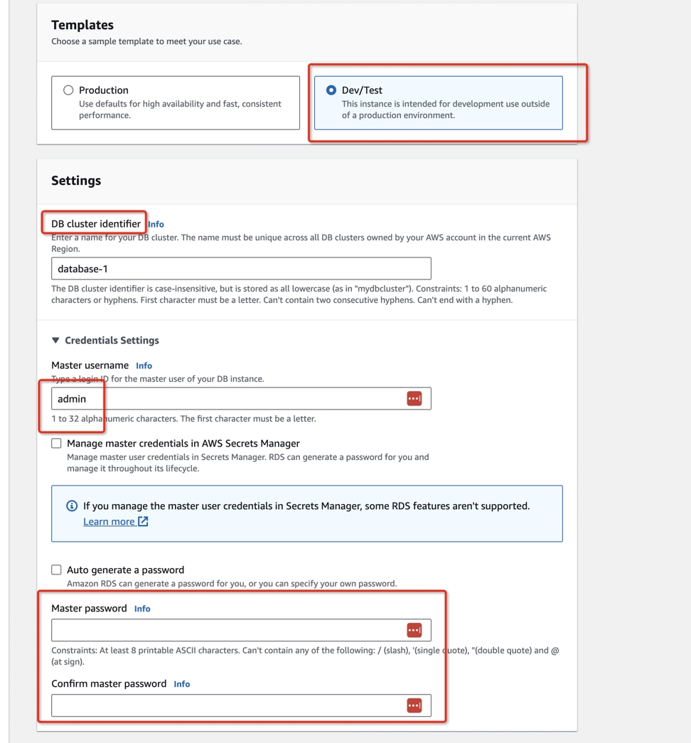 Create RDS database step 2