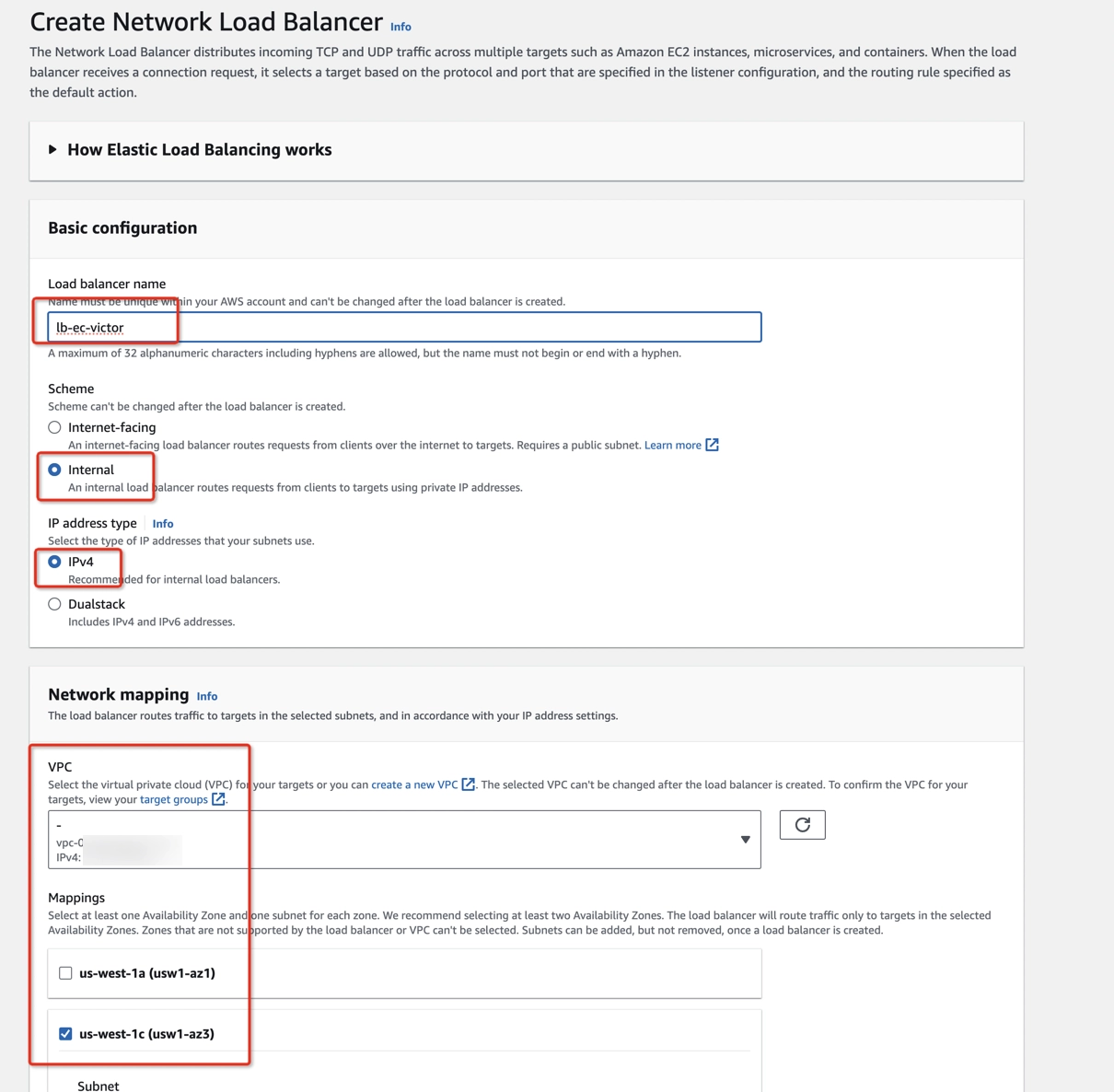 Create load balancer step 1