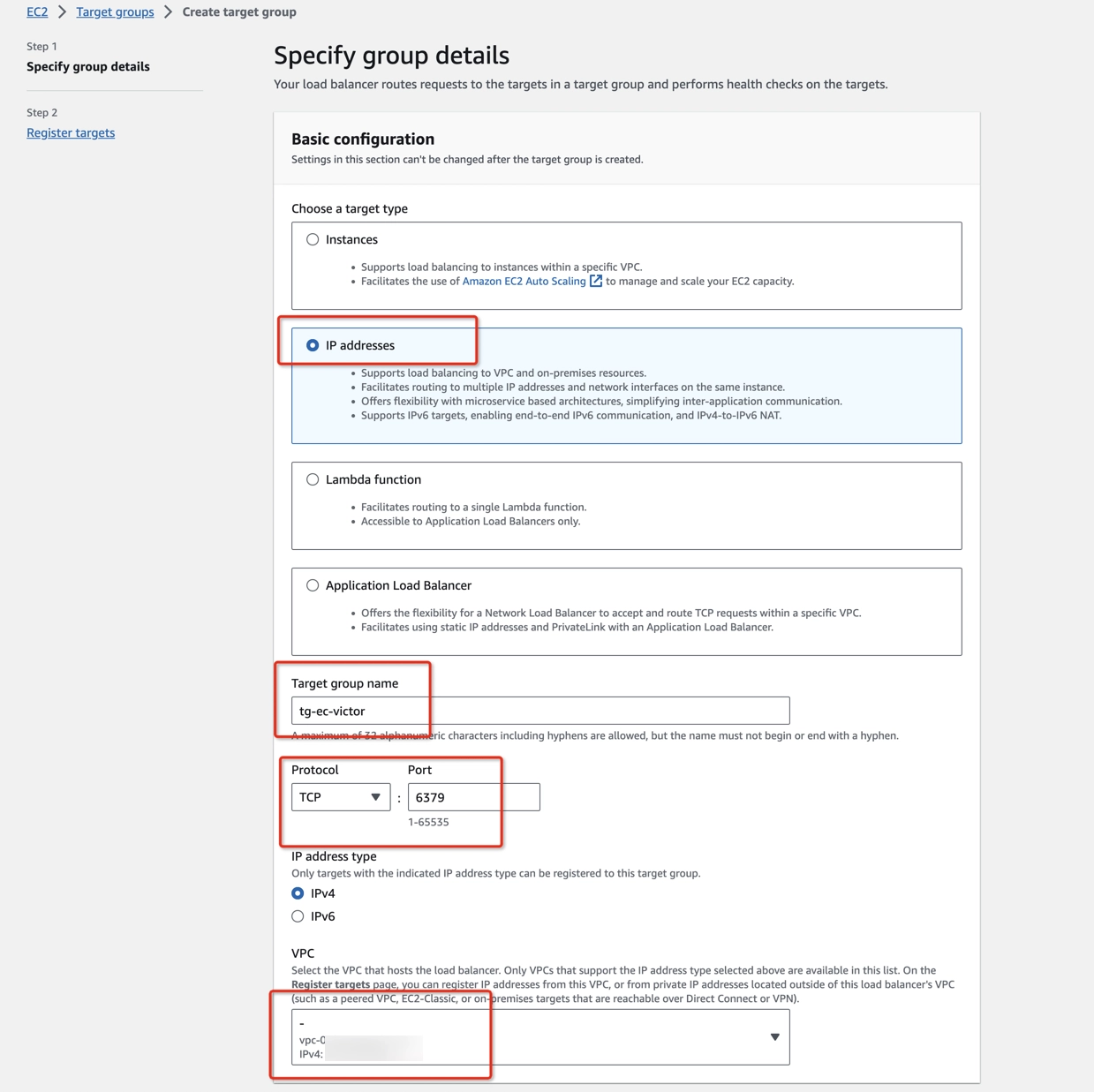 Create target group step 1